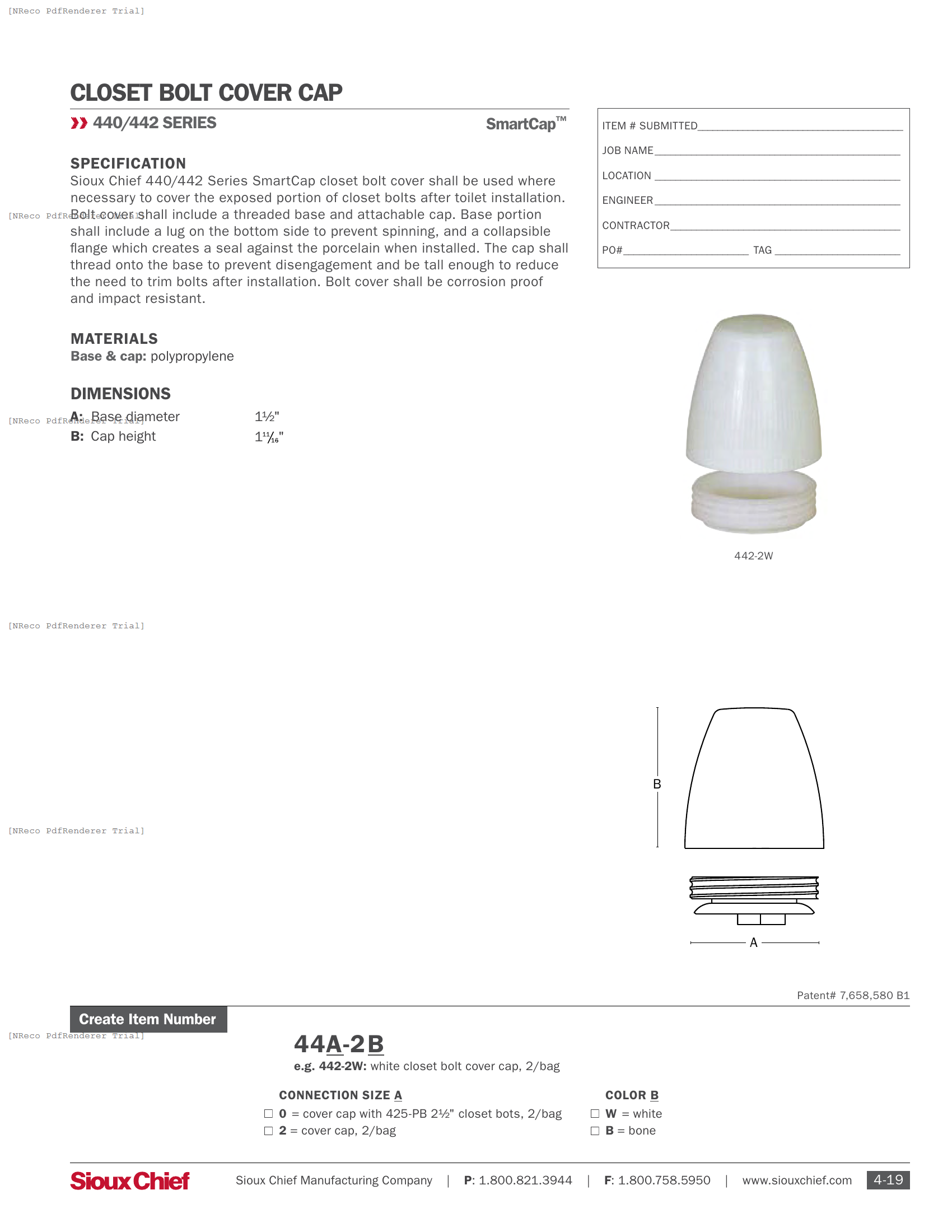 44 SERIES - SMARTCAP CLOSET BOLT CAP - SPEC SHEET.PDF Specification Document